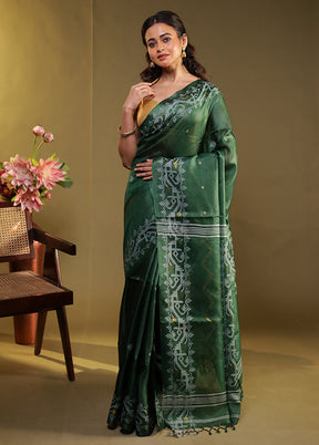 Green Handloom Tussar Pure Silk Saree With Blouse Piece