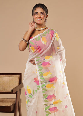Cream Handloom Tussar Pure Silk Saree With Blouse Piece