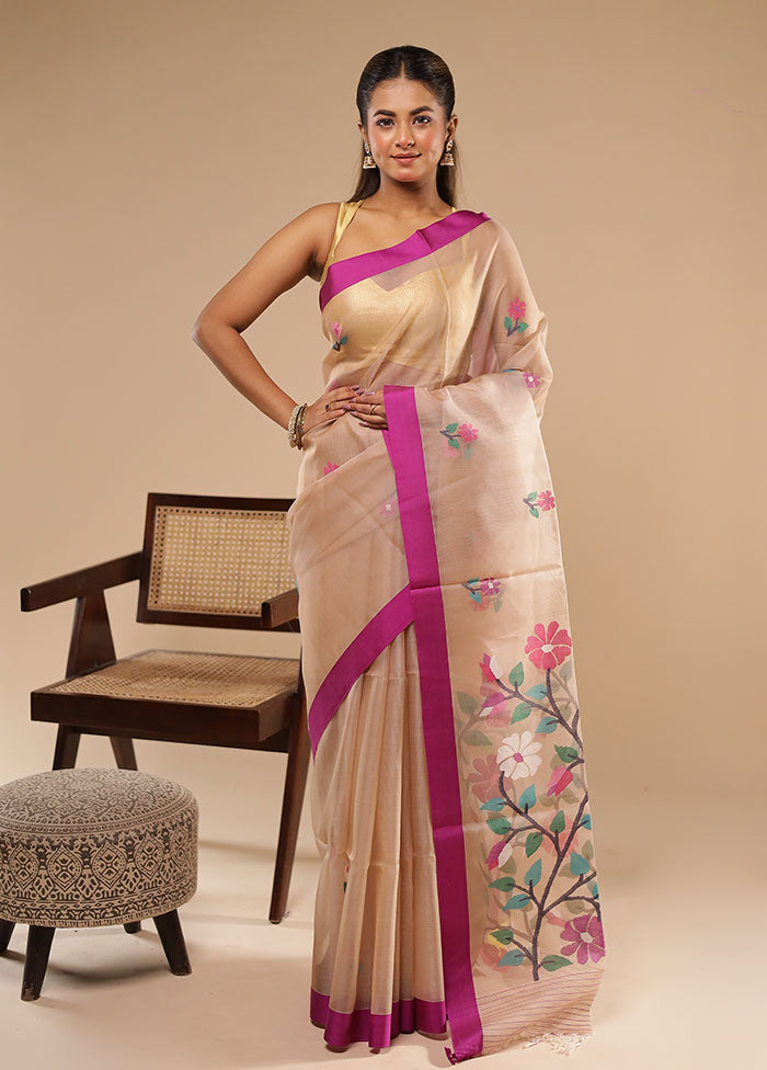 Cream Handloom Tussar Pure Silk Saree With Blouse Piece