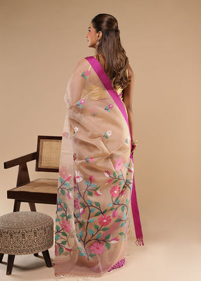 Cream Handloom Tussar Pure Silk Saree With Blouse Piece