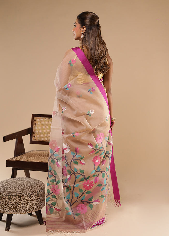 Cream Handloom Tussar Pure Silk Saree With Blouse Piece