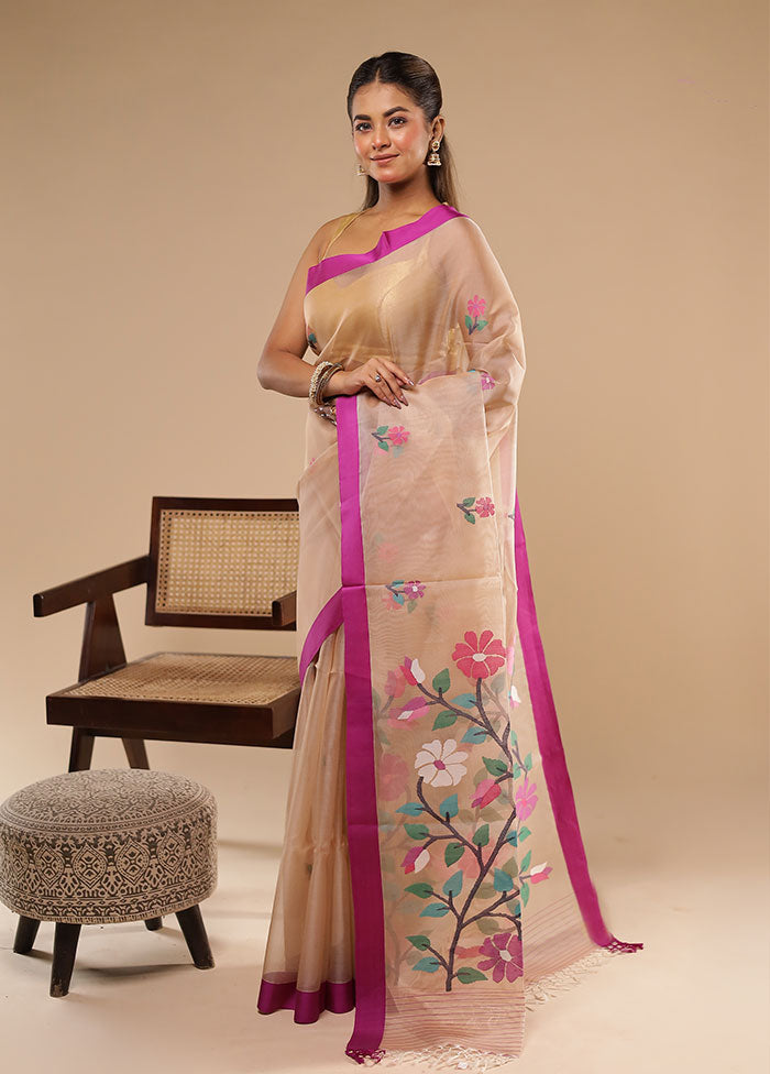 Cream Handloom Tussar Pure Silk Saree With Blouse Piece