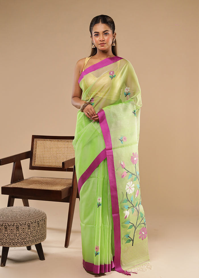 Green Handloom Tussar Pure Silk Saree With Blouse Piece