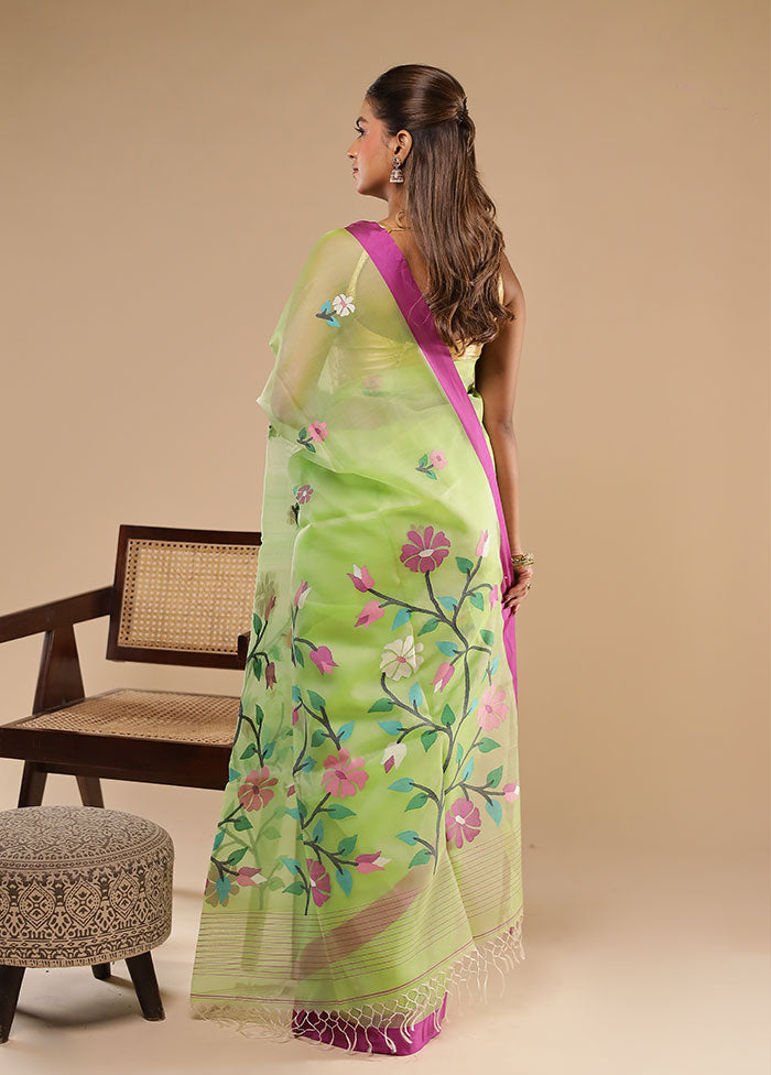 Green Handloom Tussar Pure Silk Saree With Blouse Piece