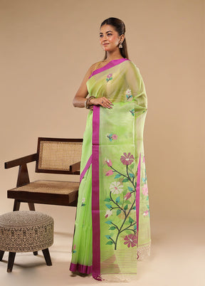 Green Handloom Tussar Pure Silk Saree With Blouse Piece