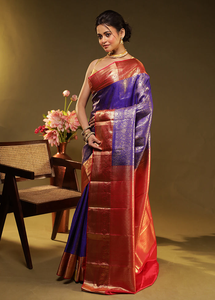 Blue Kanjivaram Silk Saree With Blouse Piece