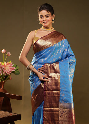 Blue Kanjivaram Silk Saree With Blouse Piece