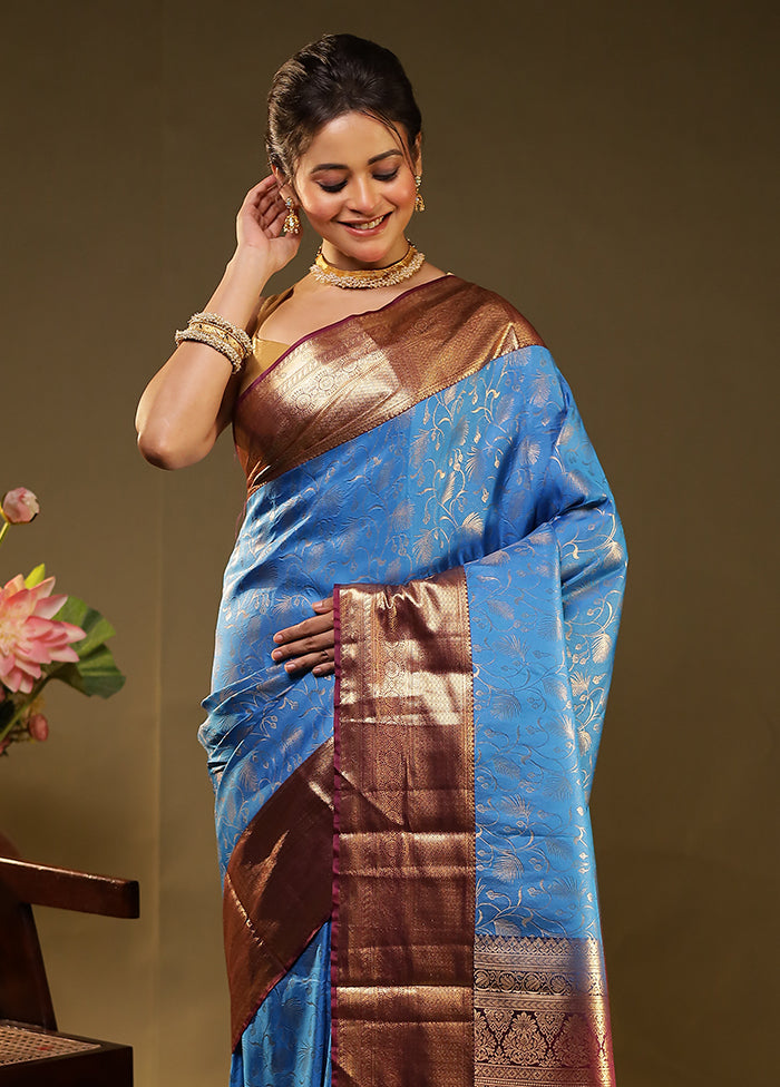 Blue Kanjivaram Silk Saree With Blouse Piece