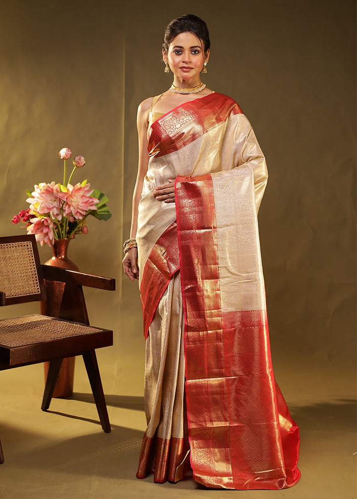 Cream Kanjivaram Silk Saree With Blouse Piece