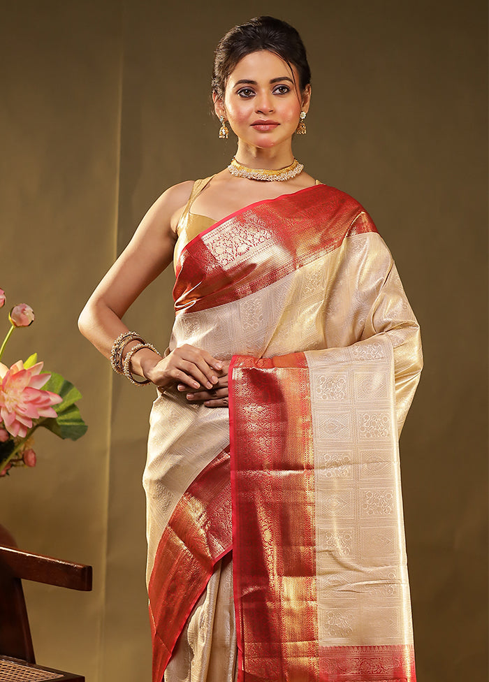 Cream Kanjivaram Silk Saree With Blouse Piece
