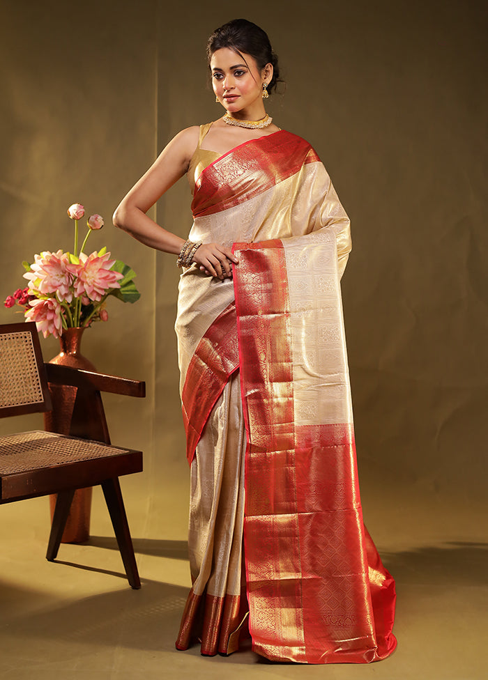 Cream Kanjivaram Silk Saree With Blouse Piece
