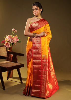 Yellow Gadwal Silk Saree Without Blouse Piece