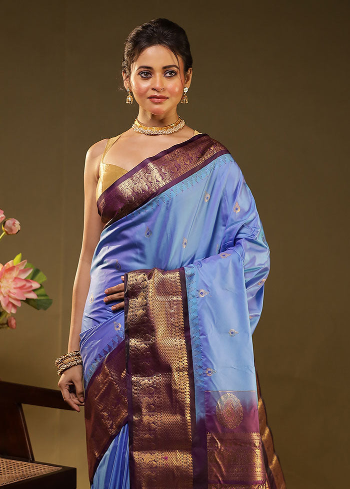 Blue Gadwal Silk Saree Without Blouse Piece