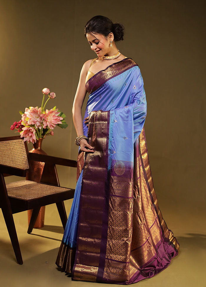 Blue Gadwal Silk Saree Without Blouse Piece