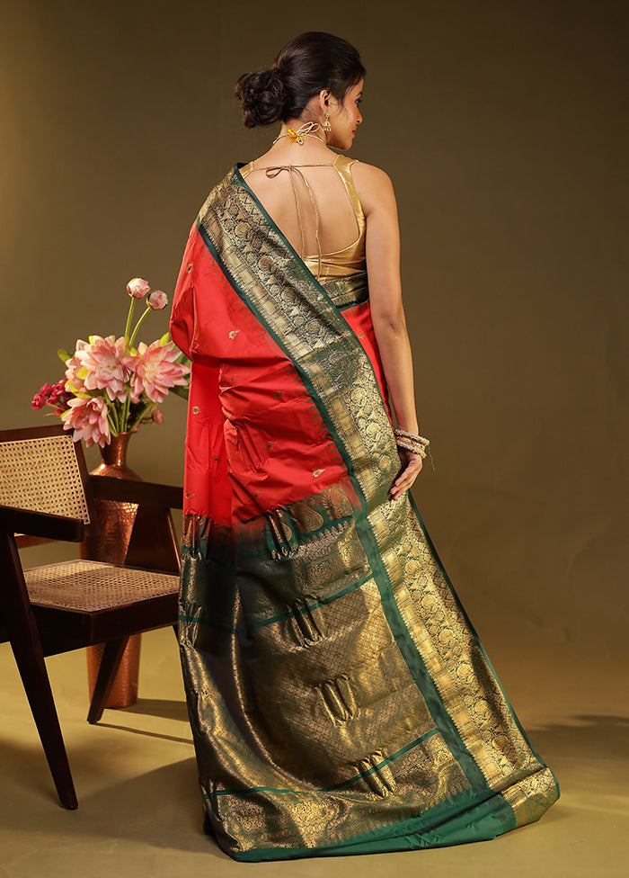 Red Gadwal Silk Saree Without Blouse Piece