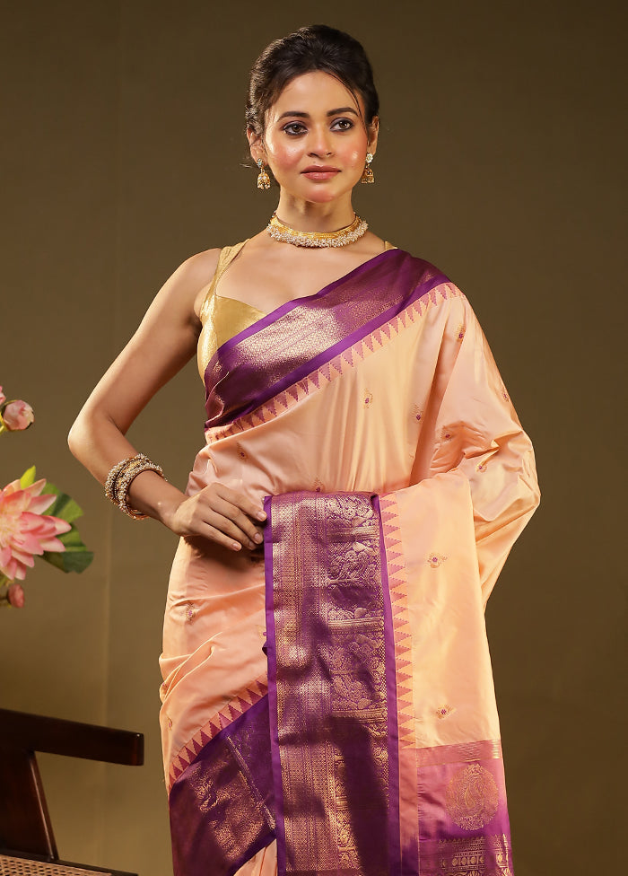 Peach Gadwal Silk Saree Without Blouse Piece