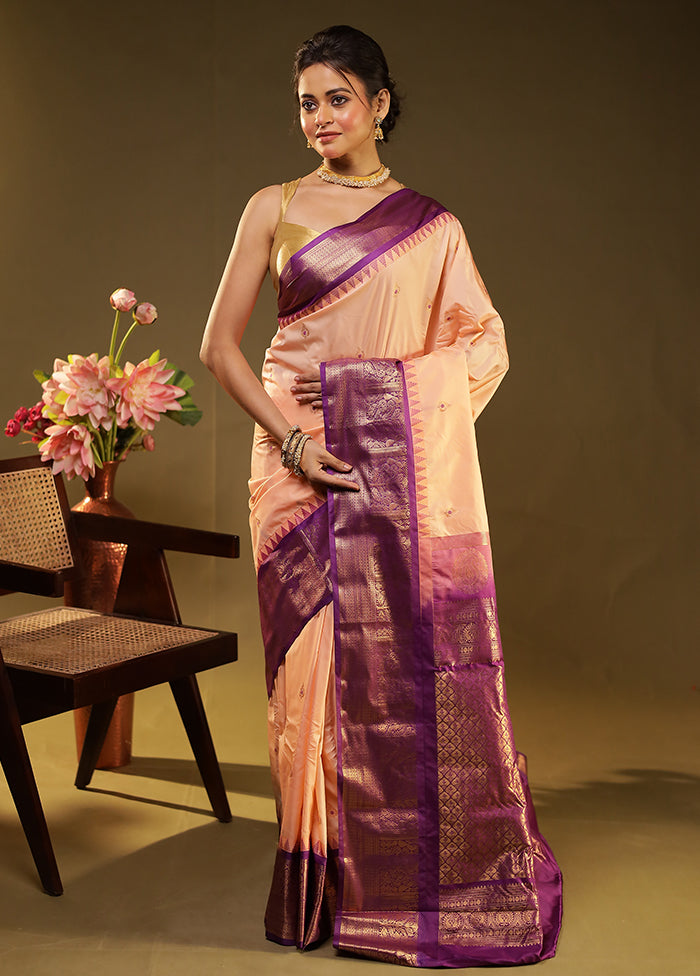 Peach Gadwal Silk Saree Without Blouse Piece