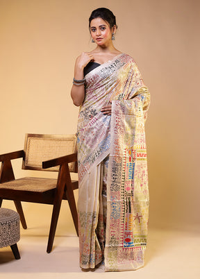 Cream Handloom Kantha Stitch Pure Silk Saree With Blouse Piece