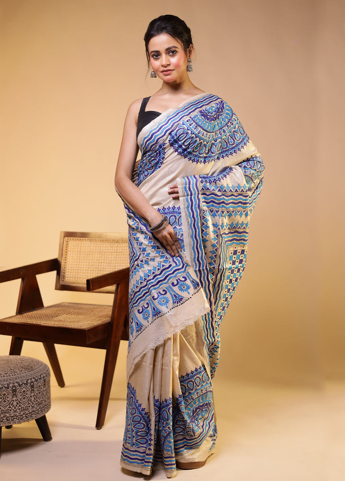 Cream Handloom Kantha Stitch Pure Silk Saree With Blouse Piece