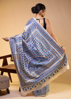 Cream Handloom Kantha Stitch Pure Silk Saree With Blouse Piece