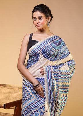 Cream Handloom Kantha Stitch Pure Silk Saree With Blouse Piece