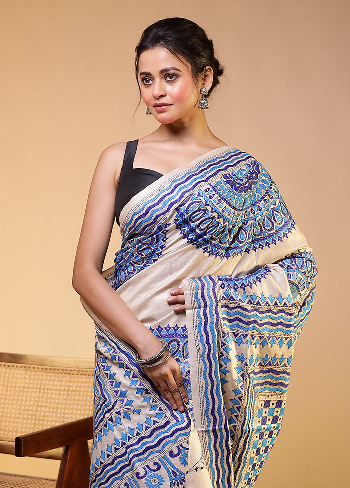 Cream Handloom Kantha Stitch Pure Silk Saree With Blouse Piece