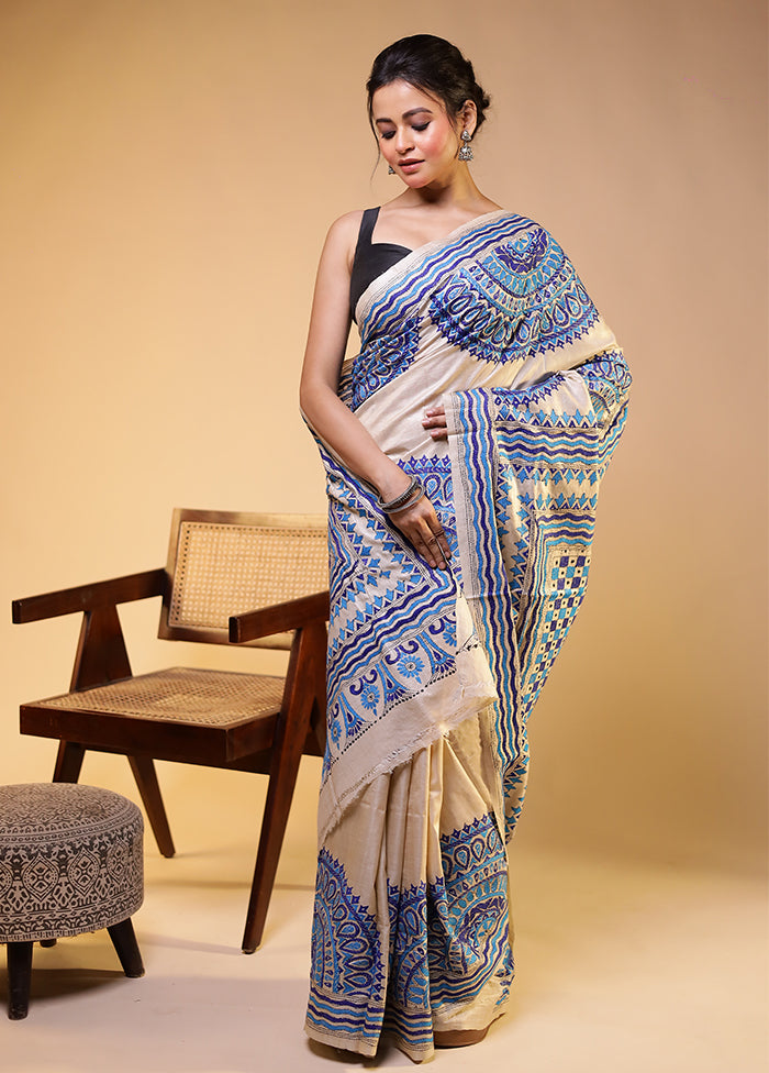 Cream Handloom Kantha Stitch Pure Silk Saree With Blouse Piece