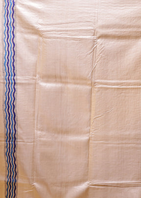 Cream Handloom Kantha Stitch Pure Silk Saree With Blouse Piece