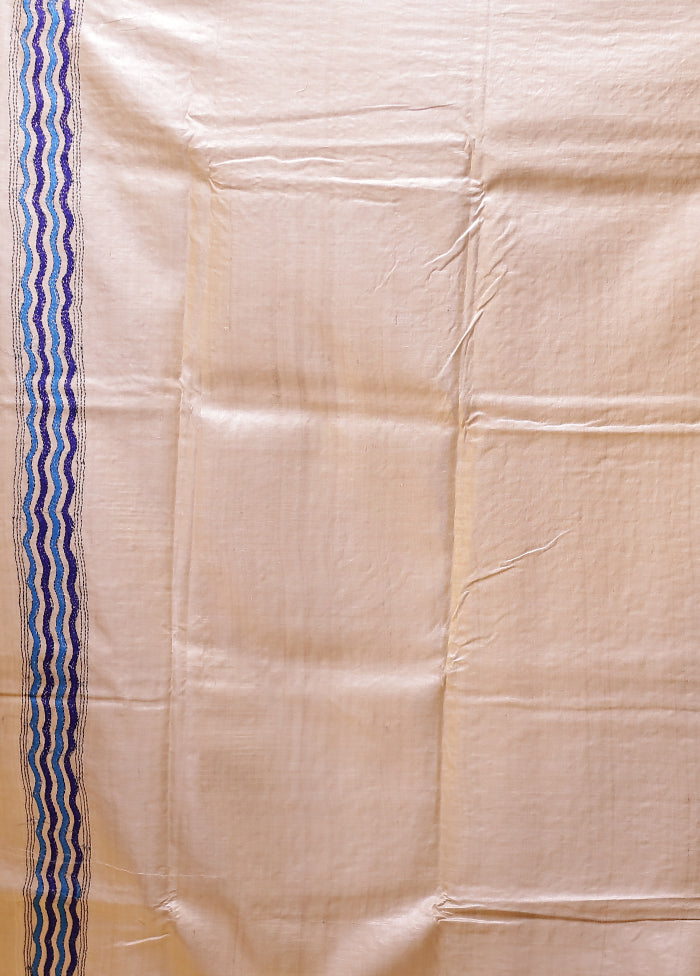 Cream Handloom Kantha Stitch Pure Silk Saree With Blouse Piece