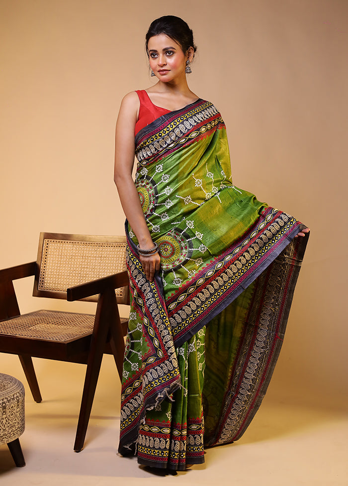 Green Handloom Kantha Stitch Pure Silk Saree With Blouse Piece