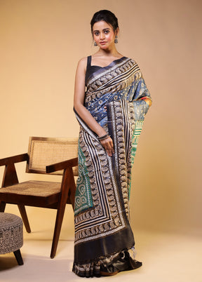 Green Handloom Kantha Stitch Pure Silk Saree With Blouse Piece