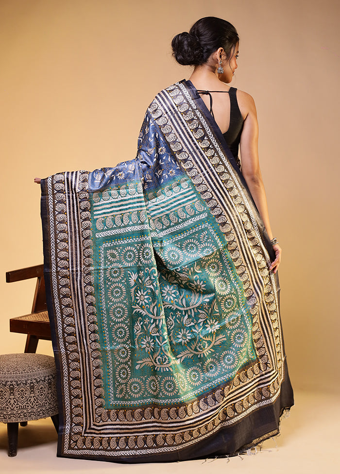 Green Handloom Kantha Stitch Pure Silk Saree With Blouse Piece