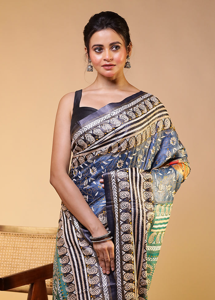 Green Handloom Kantha Stitch Pure Silk Saree With Blouse Piece