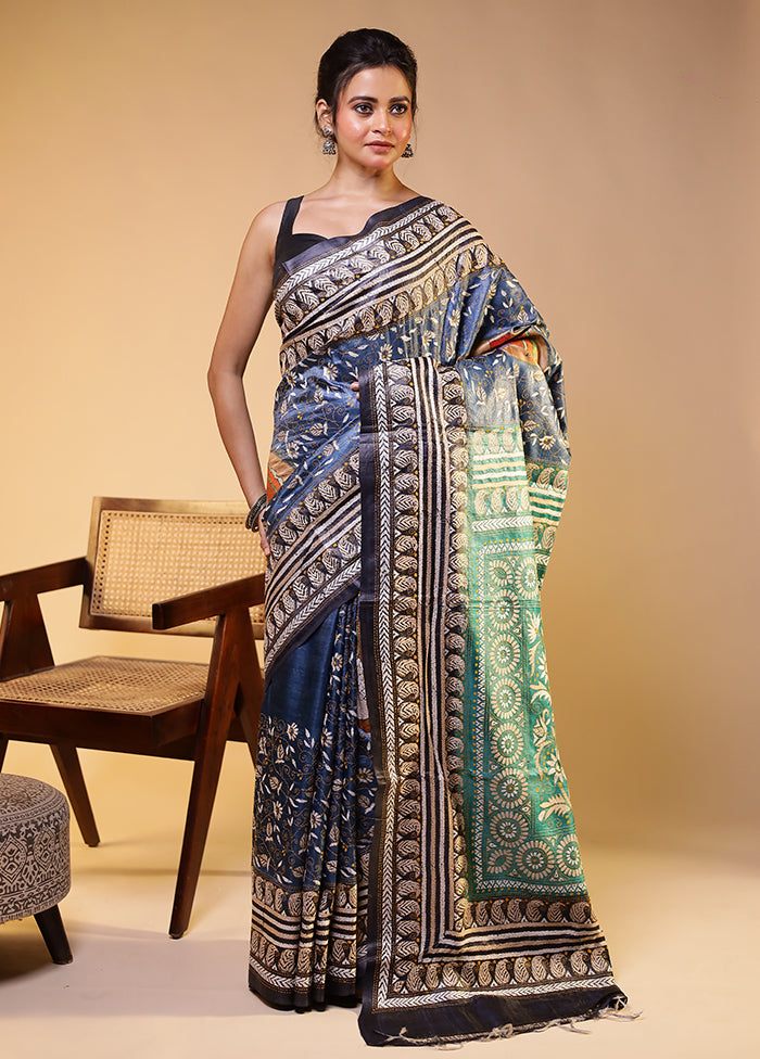 Green Handloom Kantha Stitch Pure Silk Saree With Blouse Piece