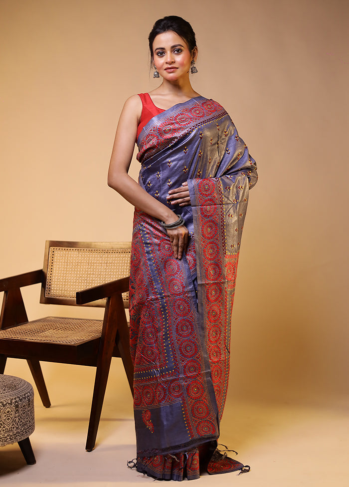 Blue Handloom Kantha Stitch Pure Silk Saree With Blouse Piece