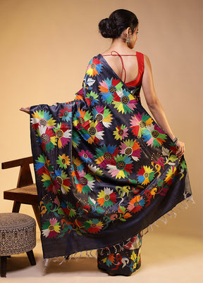 Grey Handloom Kantha Stitch Pure Silk Saree With Blouse Piece