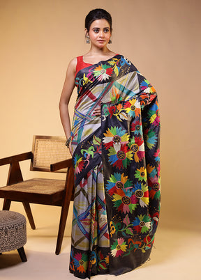 Grey Handloom Kantha Stitch Pure Silk Saree With Blouse Piece