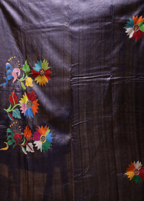 Grey Handloom Kantha Stitch Pure Silk Saree With Blouse Piece