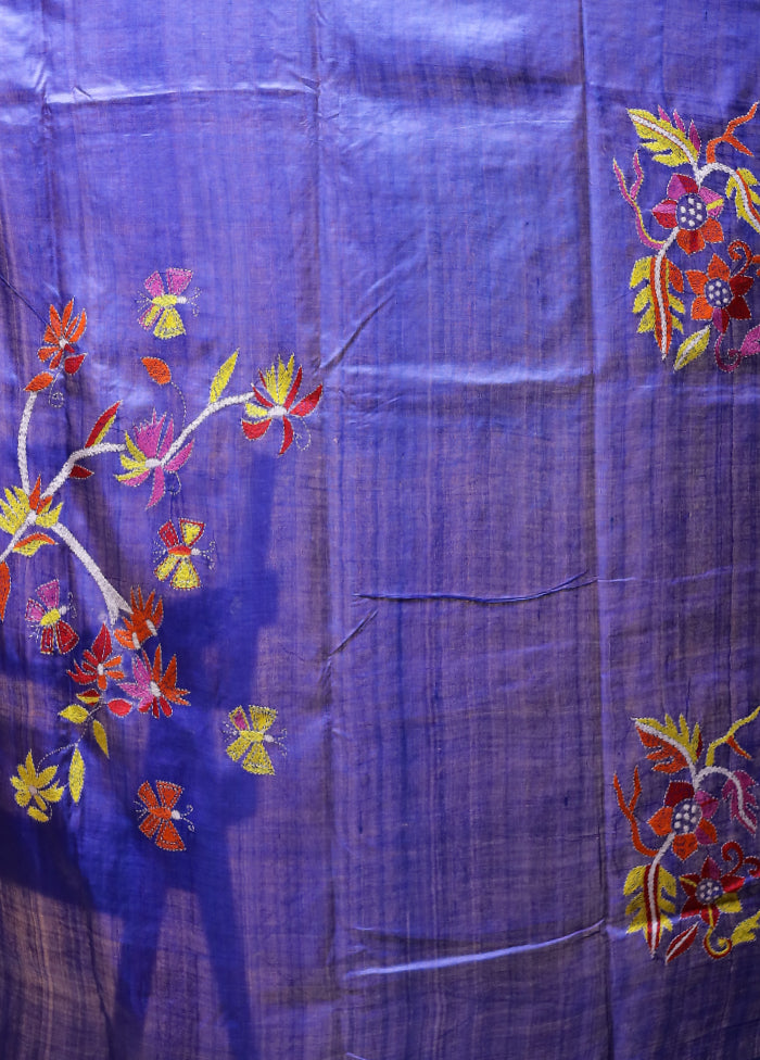 Blue Handloom Kantha Stitch Pure Silk Saree With Blouse Piece
