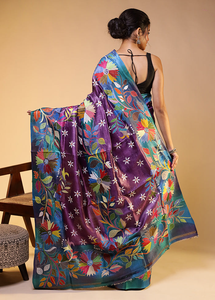 Multicolor Handloom Kantha Stitch Pure Silk Saree With Blouse Piece
