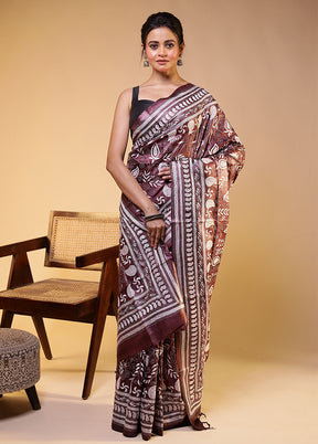 Purple Handloom Kantha Stitch Pure Silk Saree With Blouse Piece