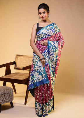 Multicolor Handloom Kantha Stitch Pure Silk Saree With Blouse Piece