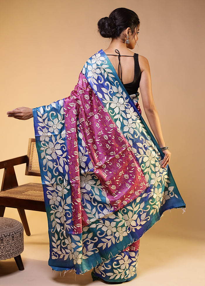 Multicolor Handloom Kantha Stitch Pure Silk Saree With Blouse Piece