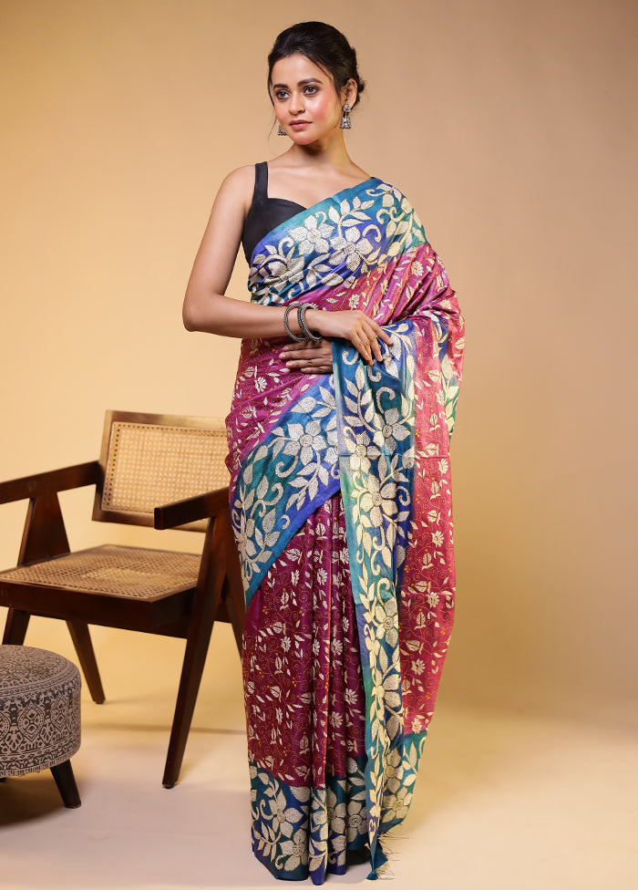 Multicolor Handloom Kantha Stitch Pure Silk Saree With Blouse Piece