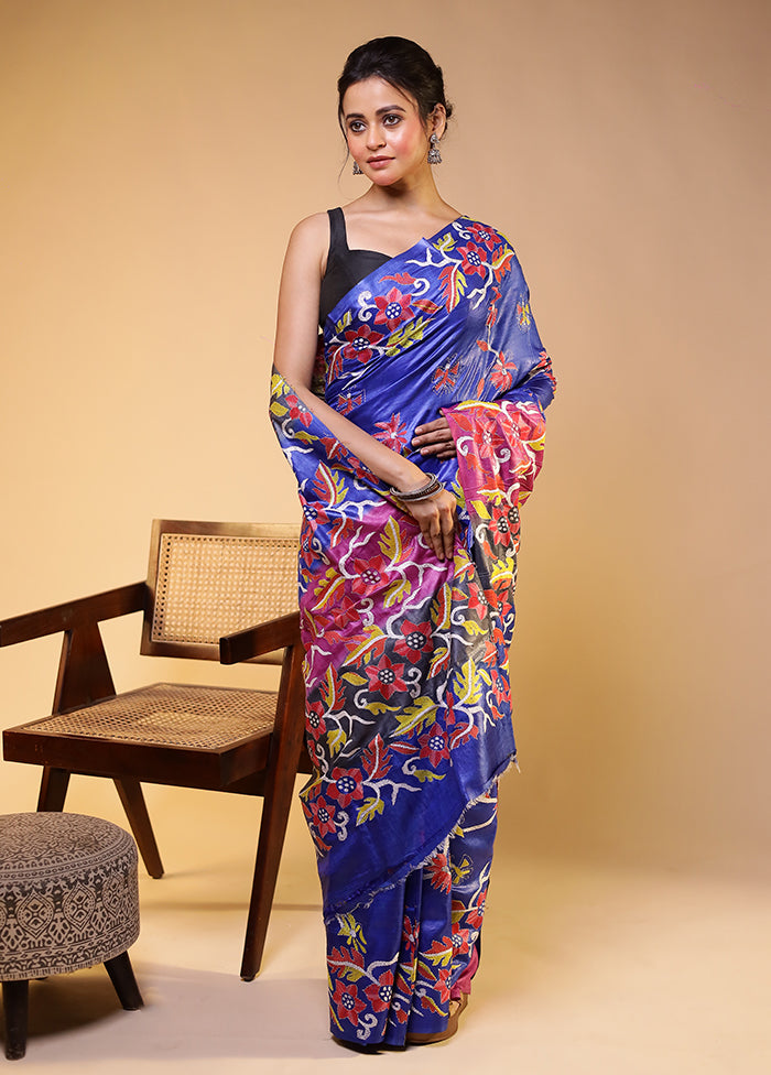 Grey Handloom Kantha Stitch Pure Silk Saree With Blouse Piece