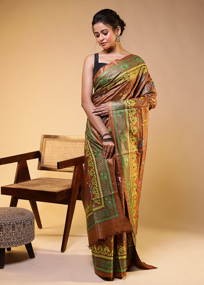 Rust Handloom Kantha Stitch Pure Silk Saree With Blouse Piece