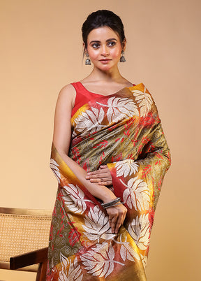 Multicolor Handloom Kantha Stitch Pure Silk Saree With Blouse Piece
