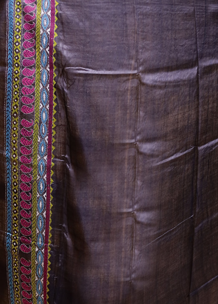 Blue Handloom Kantha Stitch Pure Silk Saree With Blouse Piece