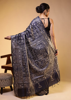 Grey Handloom Kantha Stitch Pure Silk Saree With Blouse Piece