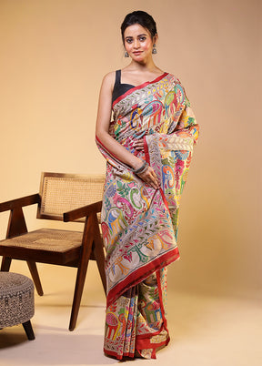 Cream Handloom Kantha Stitch Pure Silk Saree With Blouse Piece